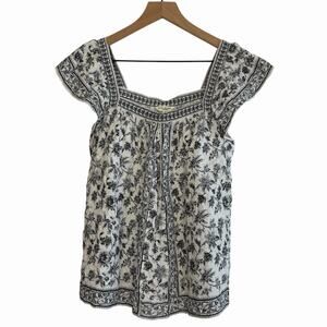 Womens White with Black Toile Peasant Blouse Top M Flutter Sleeve Cottage Boho